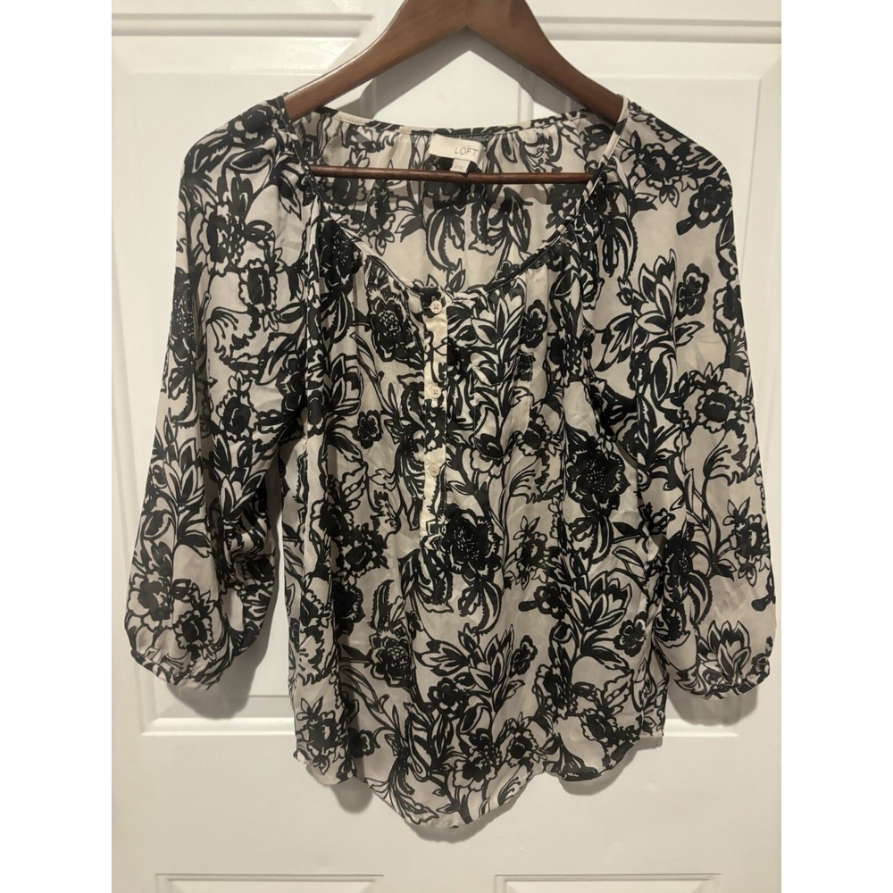 Ann Taylor Loft Peasant Shirt Women's XS Black‎ Beige Floral Blouse Top